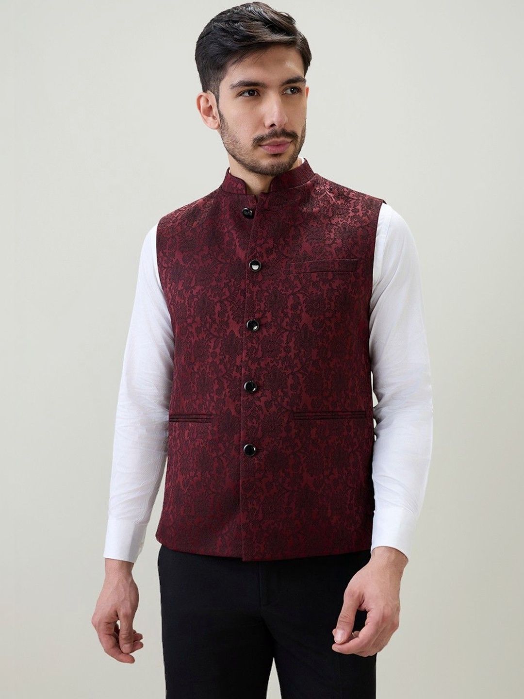 Raymond Woven Design Contemporary Fit Nehru Jacket-picture-12