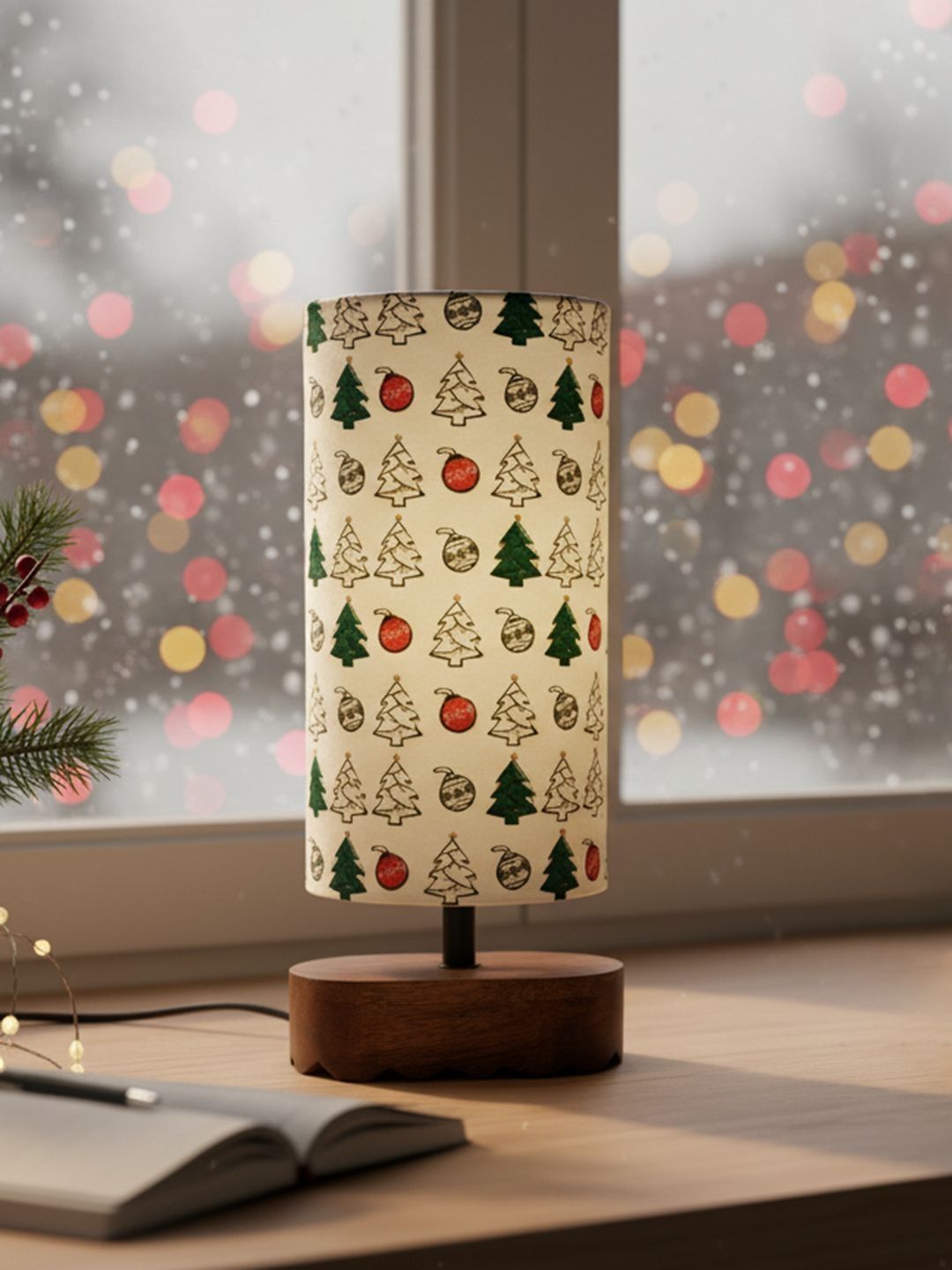 ExclusiveLane White Printed Wood Contemporary Cylindrical Shaped Table Lamp-picture-24