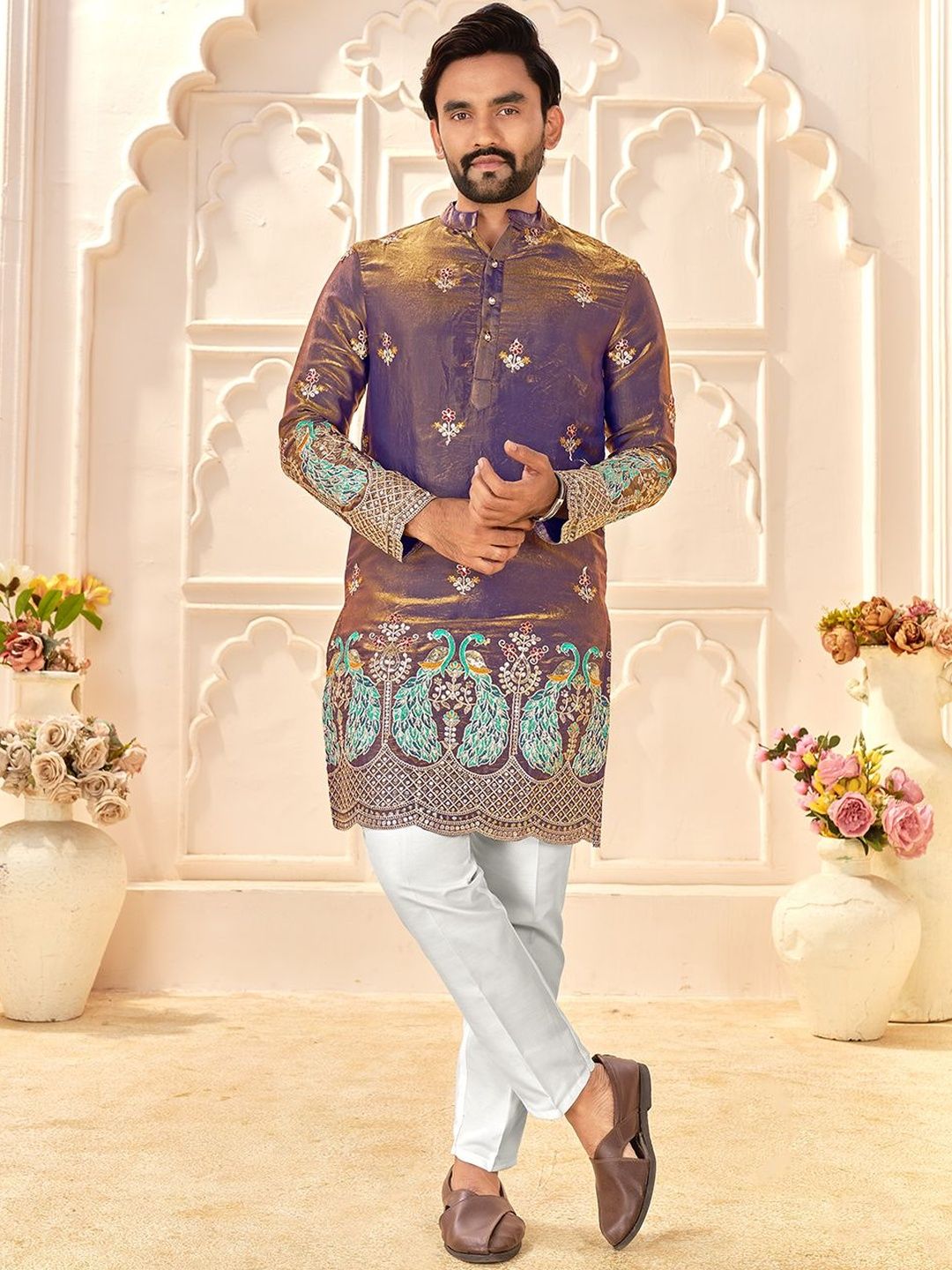 House of Pataudi Embroidered Mandarin Collar Knee Length Straight Kurta-picture-37