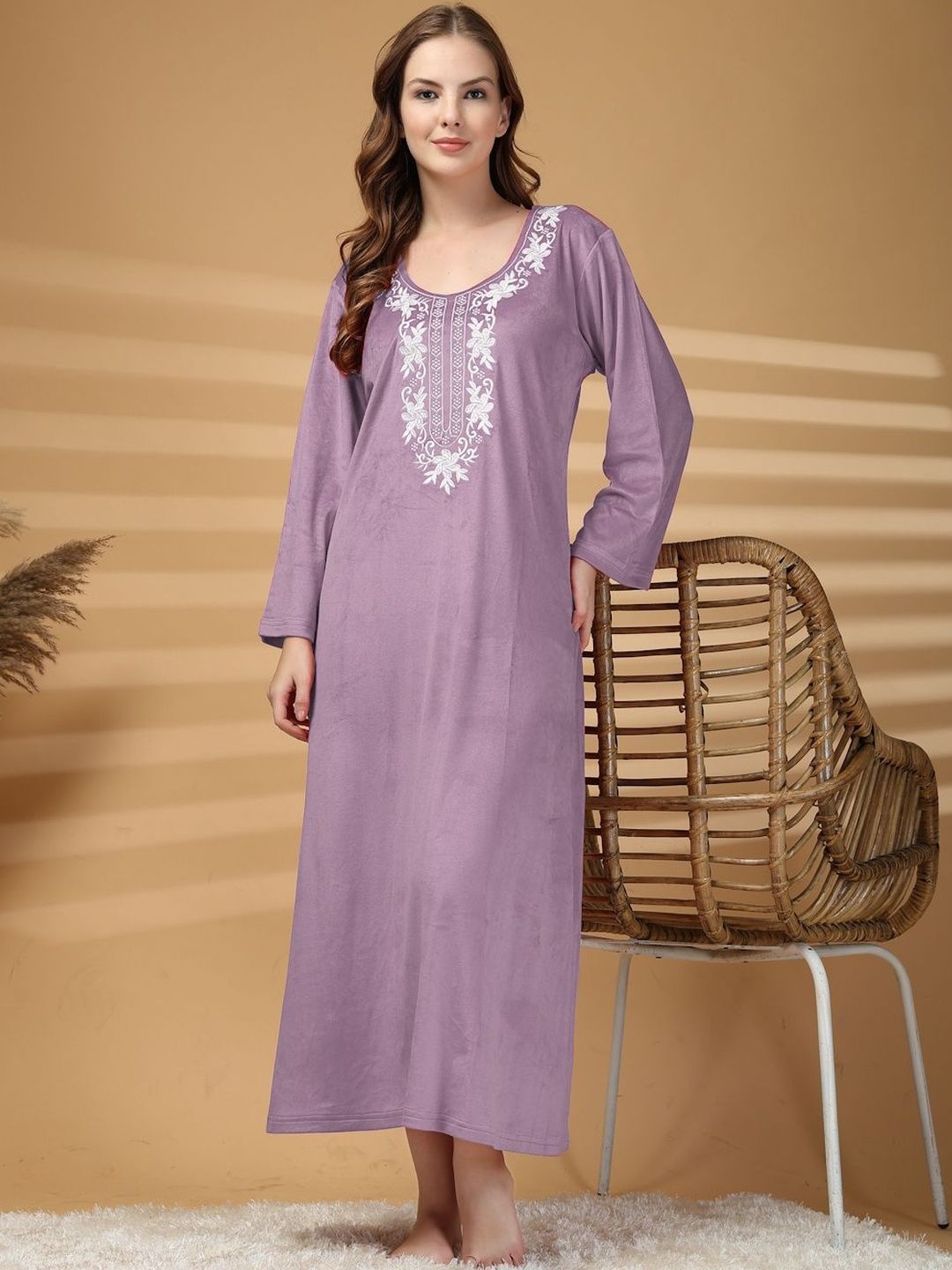 KLOTTHE Embroidered Round Neck Maxi Nightdress-image-16
