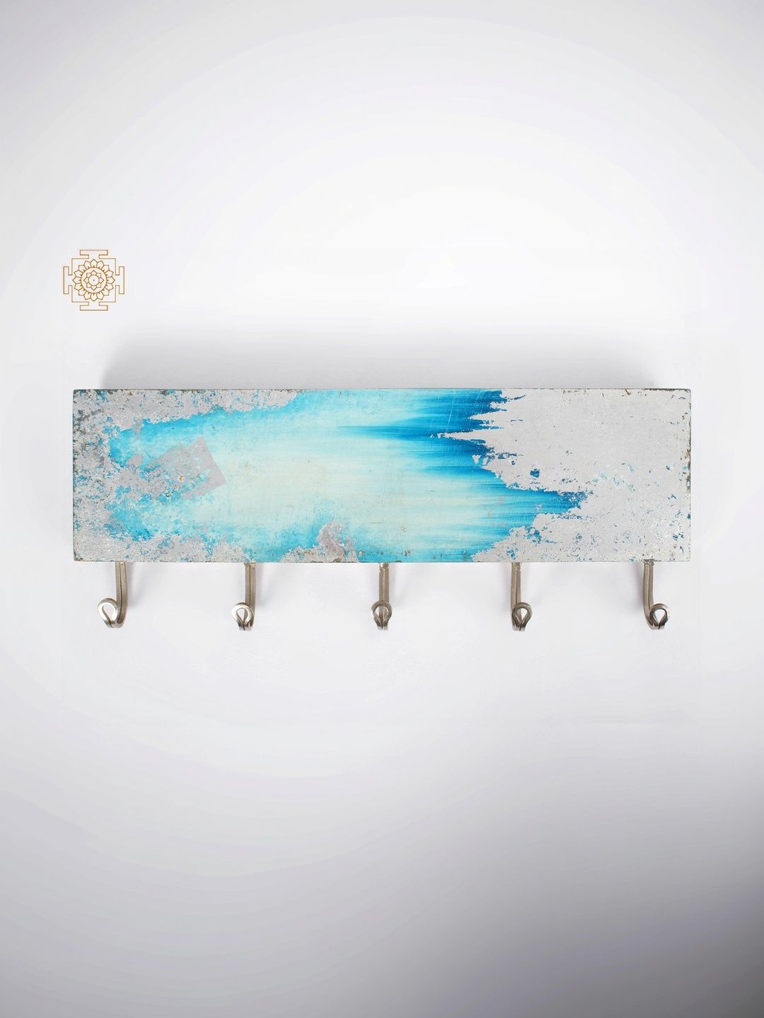 Exotic India White & Blue Textured Wooden 20'' Winter Frost Design Wall Hanging Hooks-image-8