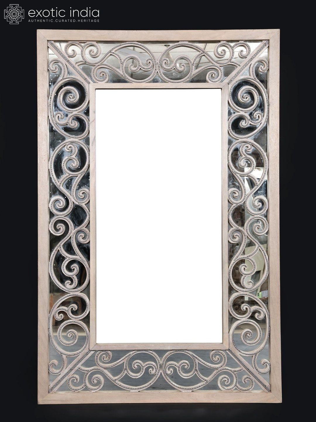 Exotic India Beige Large Designer Rectangular Wall Mirror 63"-picture-57