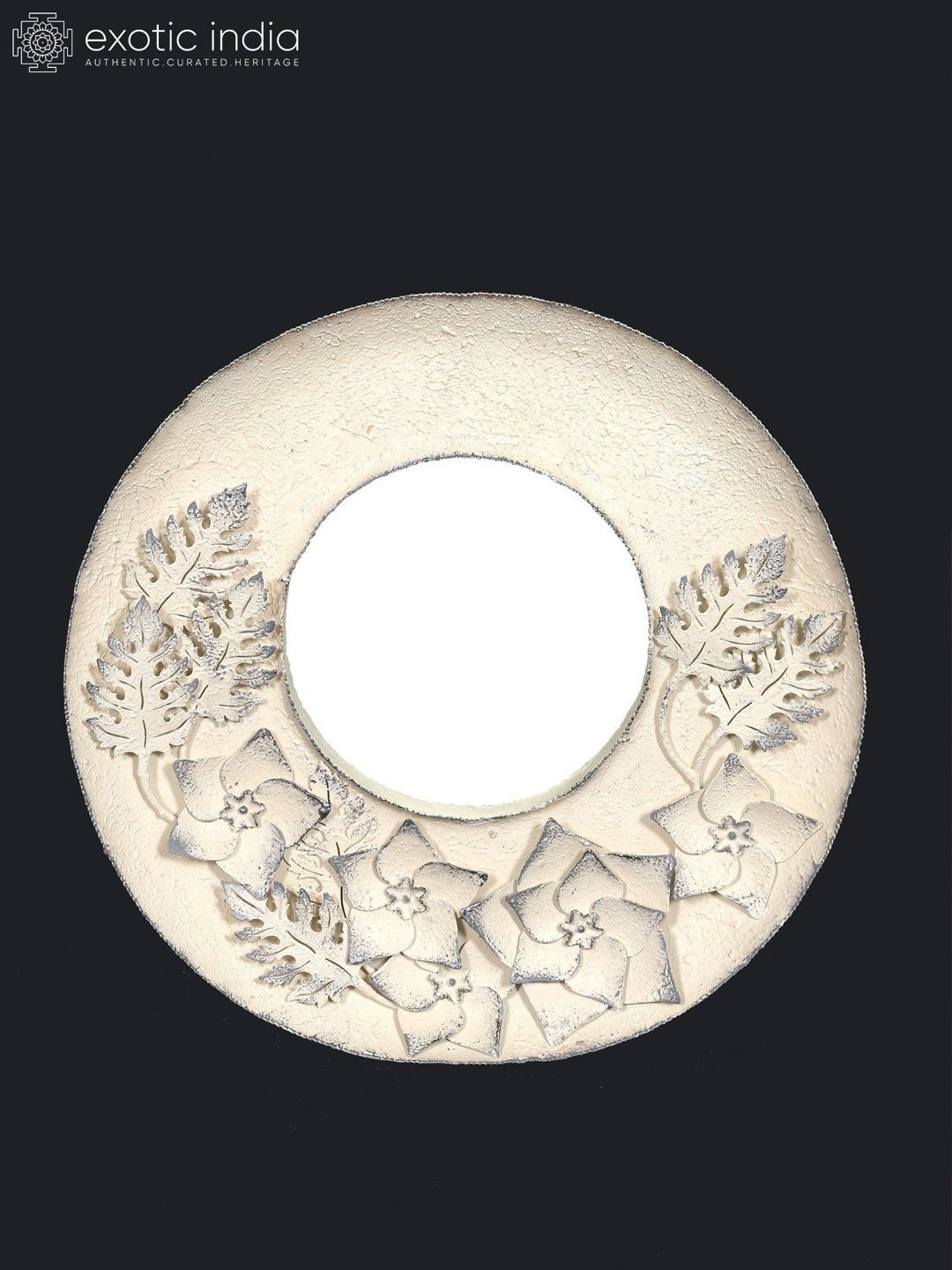 Exotic India Off-White Leaves and Flowers Design Round Mirror Wall Hanging-picture-22
