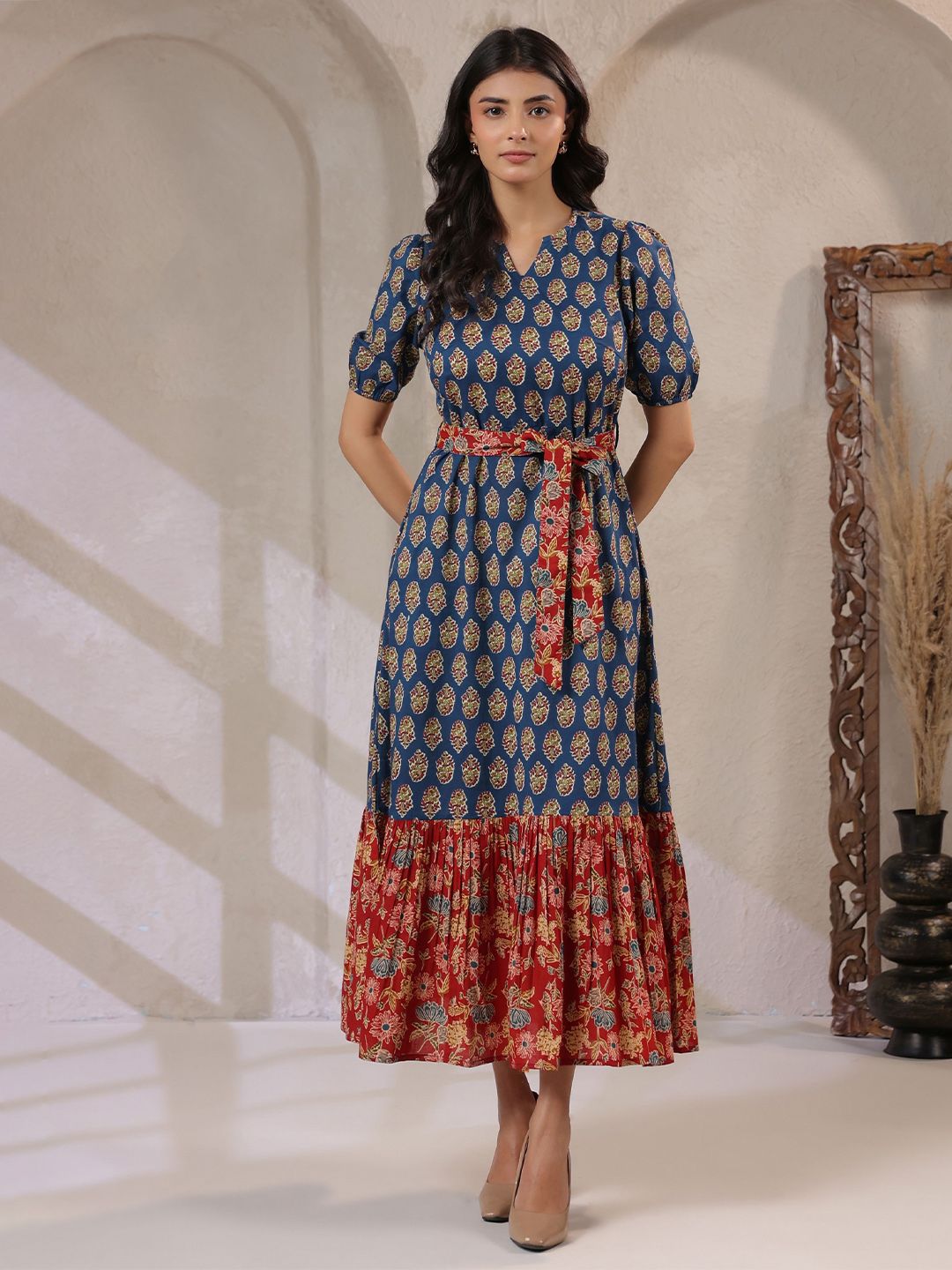 Zenava by Myntra Ethnic Motifs Print Puff Sleeve A-Line Midi Dress-image-4