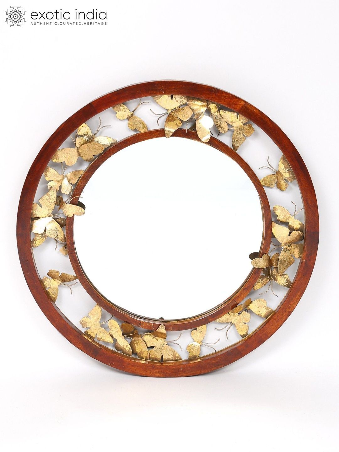 Exotic India Brown 32" Butterflies Design Round Mirror Wall Hanging Home Decor-picture-20