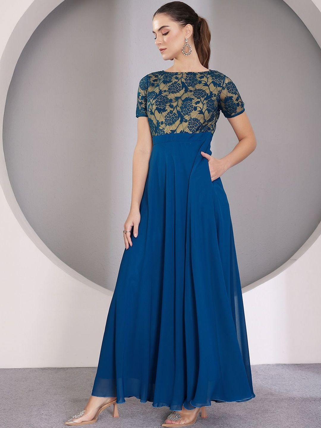 Miss Chase Women Round Neck Half Sleeve Self Design Fit & Flare Georgette Maxi Dress-picture-41