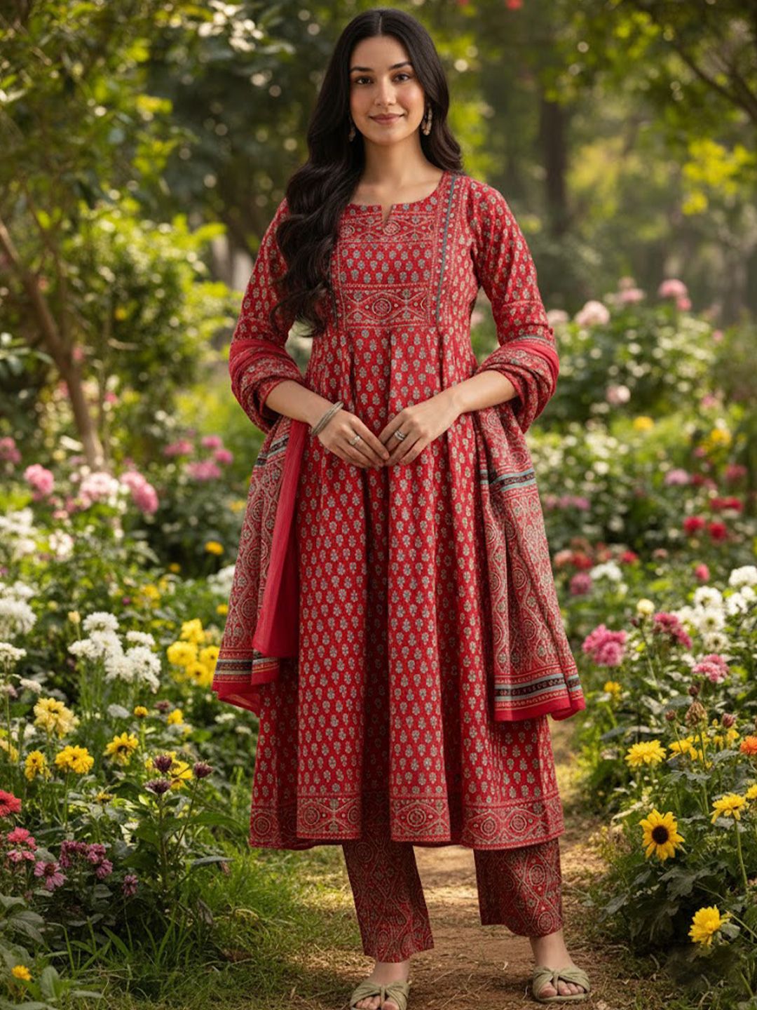 SZN Floral Printed Empire Notch Neck Pure Cotton Anarkali Kurta With Trouser & Dupatta-picture-19
