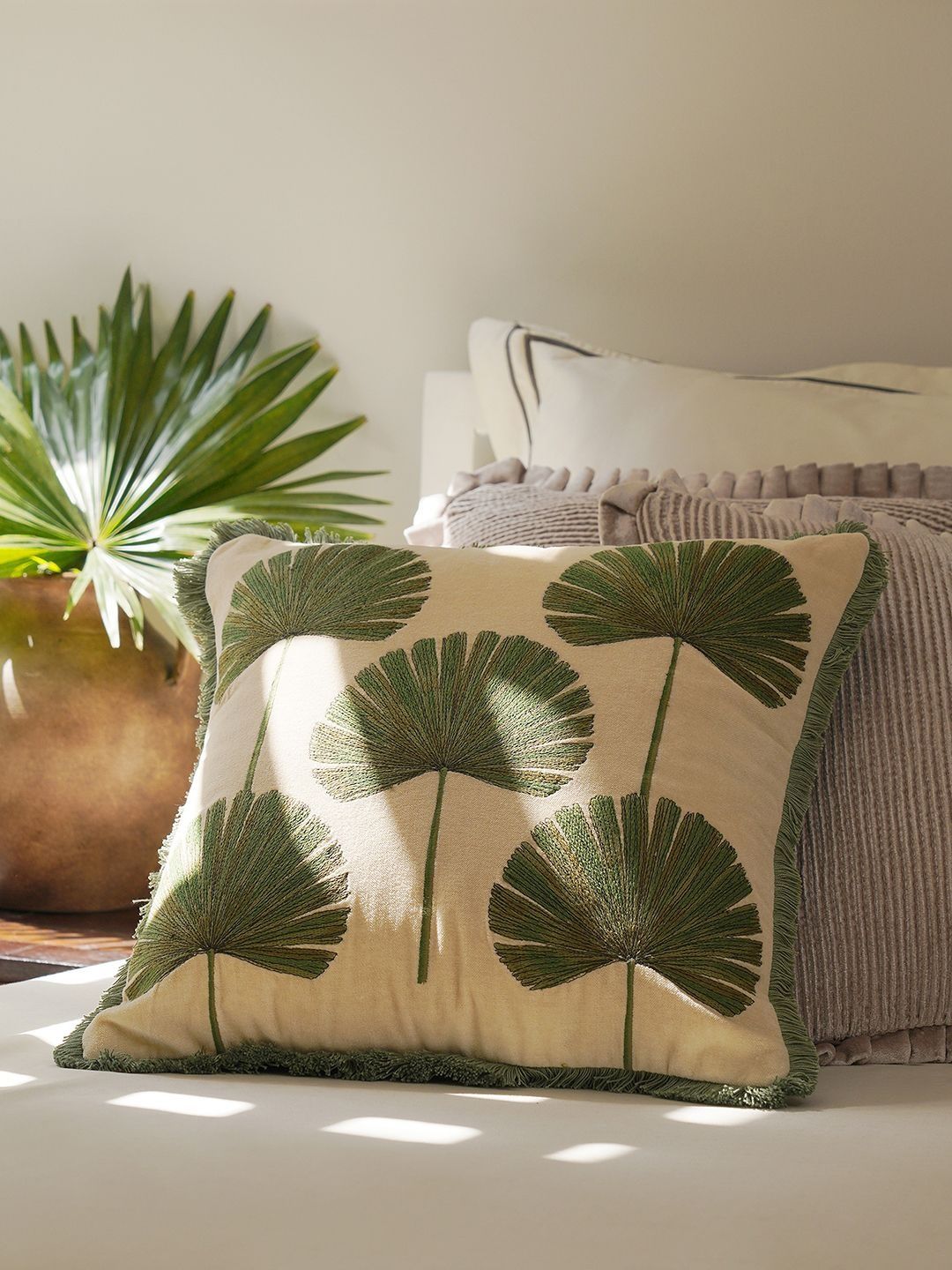 Pure Home and Living Green & Beige Embroidered Square Cushion Covers-picture-18