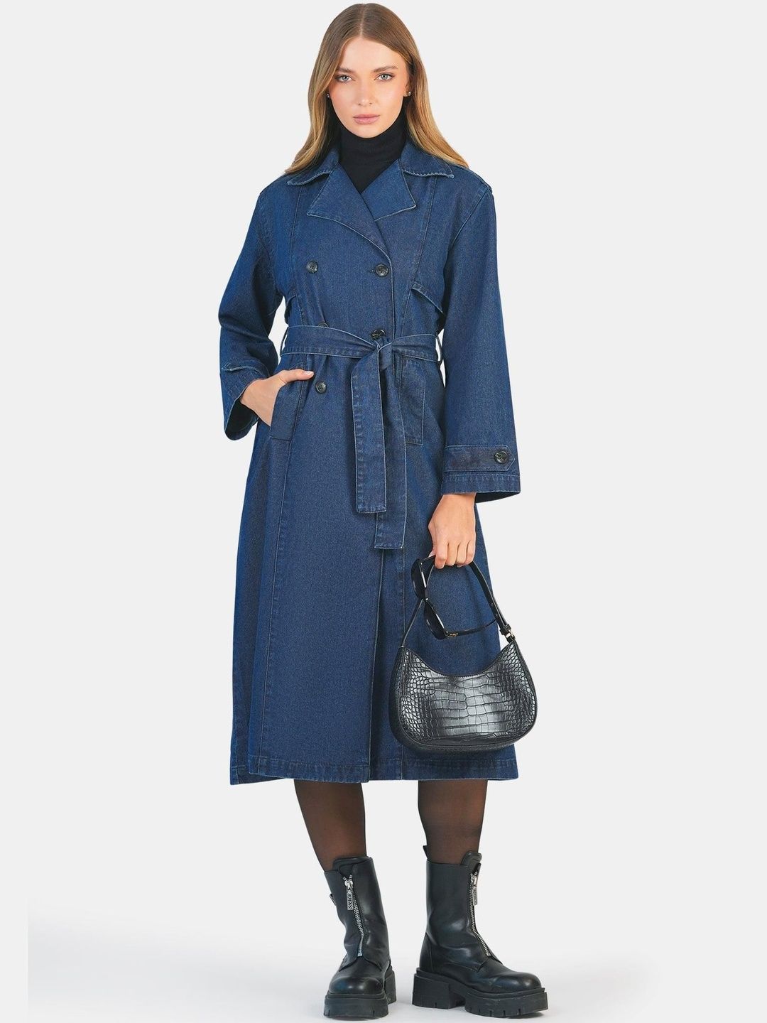 Virgio Women Solid Denim Cotton Long Sleeves Lapel Collar Trench Coat-picture-11