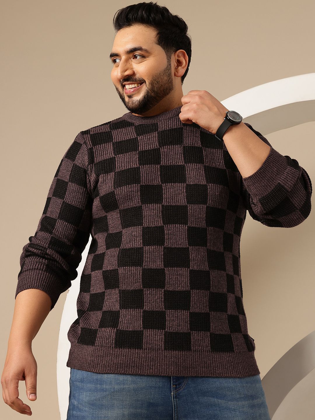 Sztori Plus Size Checked Acrylic Pullover-picture-33