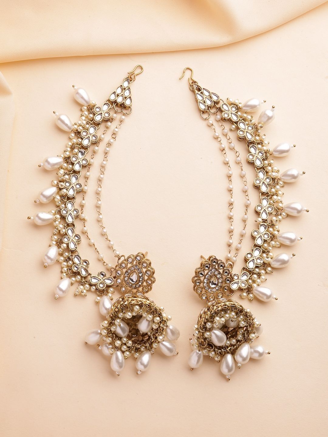 ZENEME Gold Plated Kundan And Pearls Beaded Jhumkas With Ear Chain-picture-17