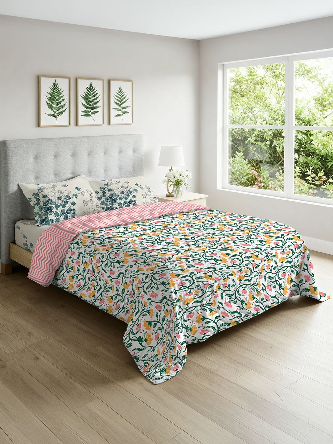URBAN SPACE Green & Pink Printed Persian Courtyard Queen Bedsheet & Dohar Set-picture-11
