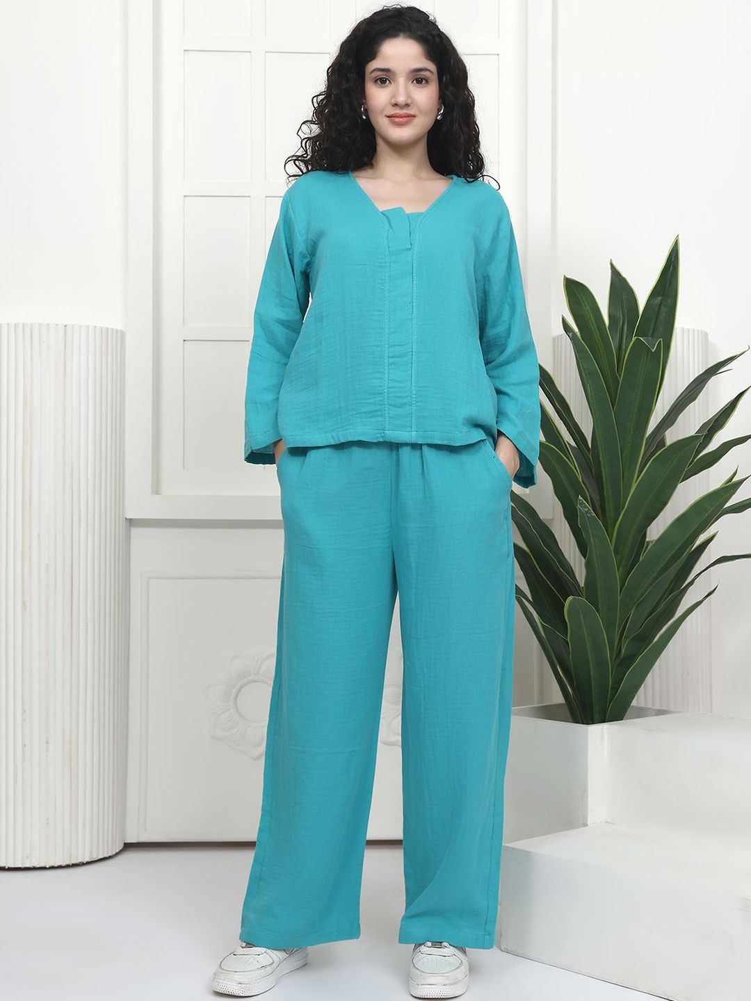 HERE&NOW Pure Cotton V-Neck Top & Trousers Co-Ords Set-picture-31