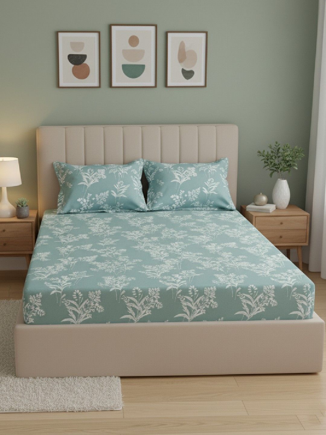 Raymond Home Teal Floral 110 TC Queen Bedsheet with 2 Pillow Covers
