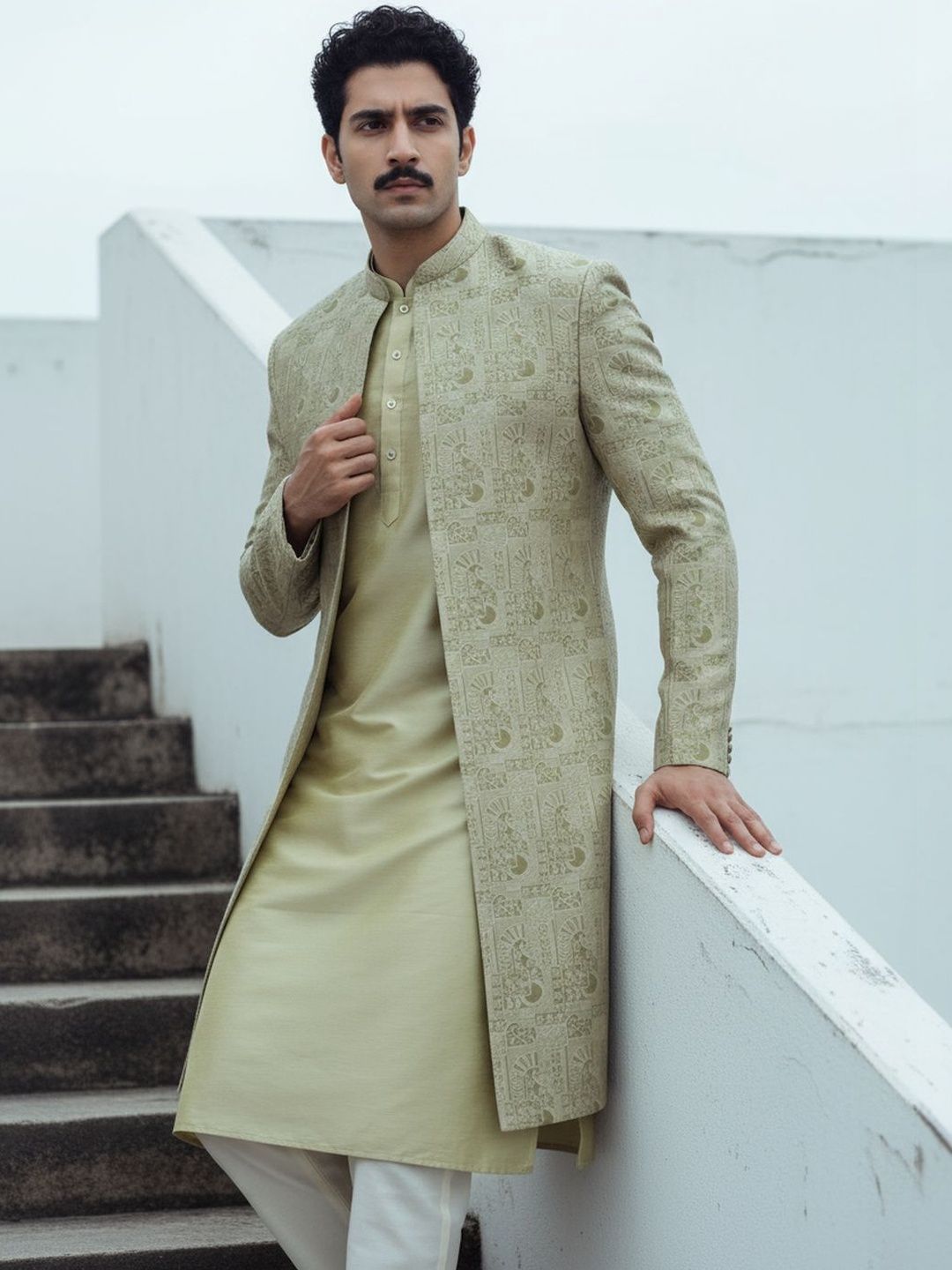 KISAH Men Golden Embroidered Kurta Front Open Indowestern Sherwani Trouser Set-picture-22