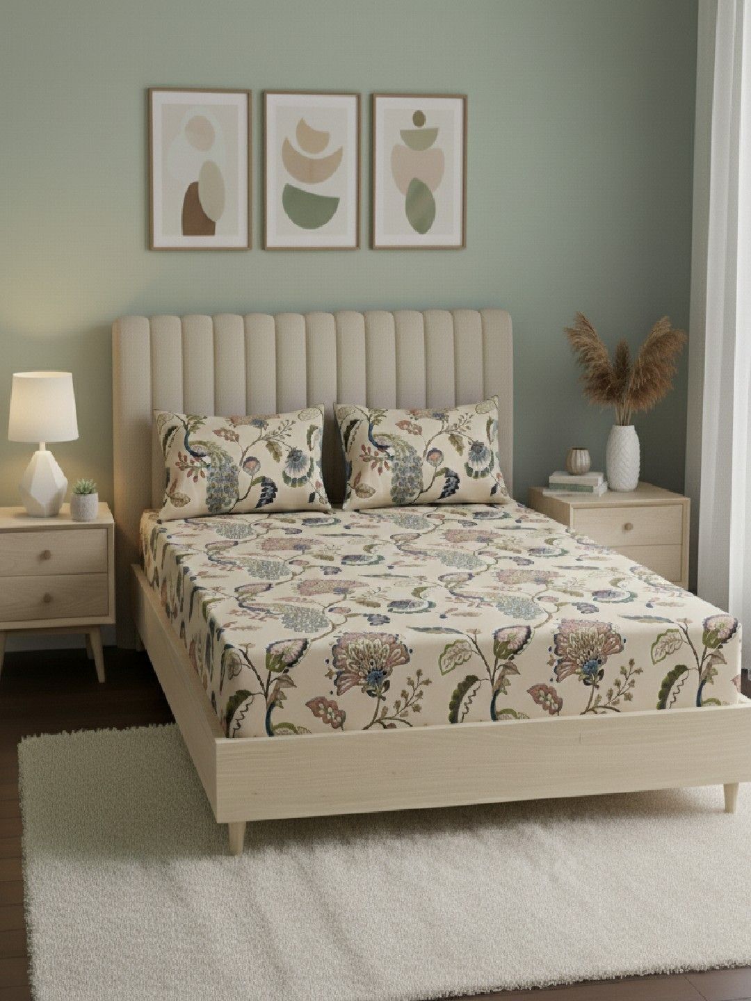 Raymond Home Beige Floral 110 TC Bedsheet with 2 Pillow Covers