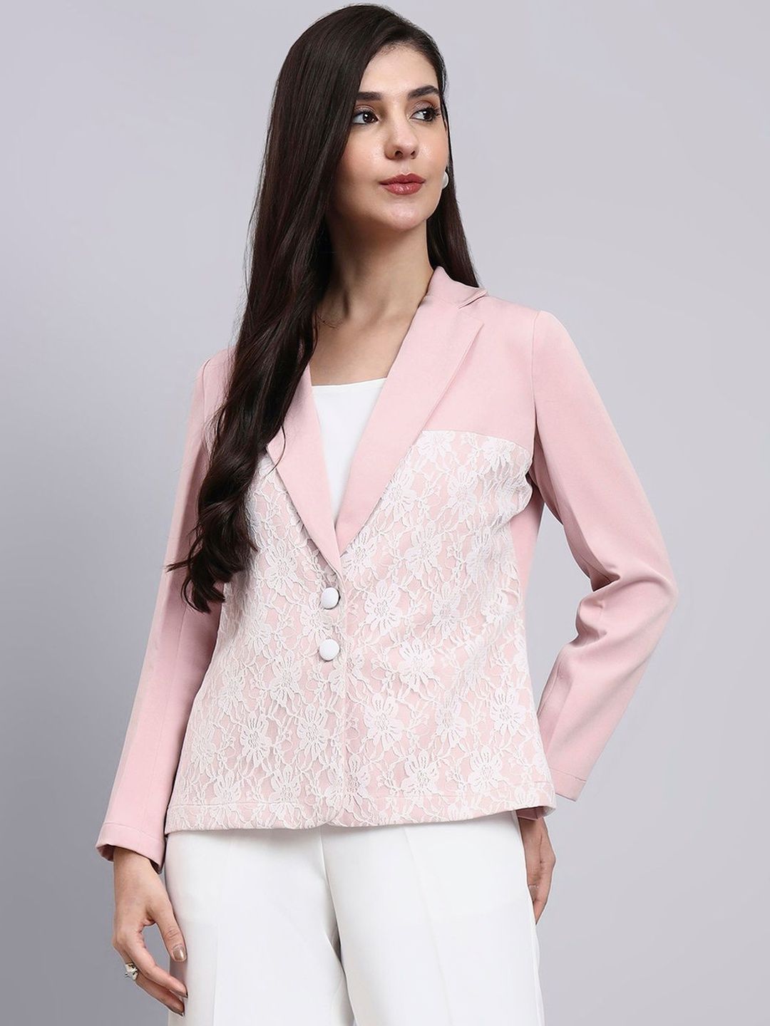 PowerSutra Tailored Fit Single-Breasted Blazers With Lace Panel Detail-image-39