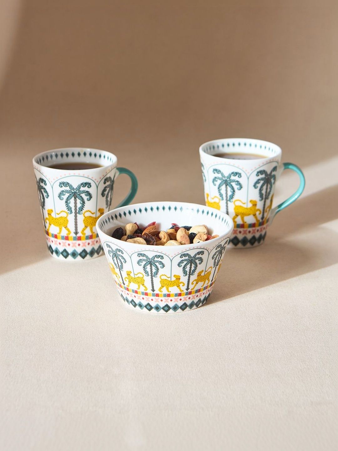 Chumbak Jungle Soire Beige & Green Set of 3 Lost in Paradise Printed Ceramic Glossy Mugs