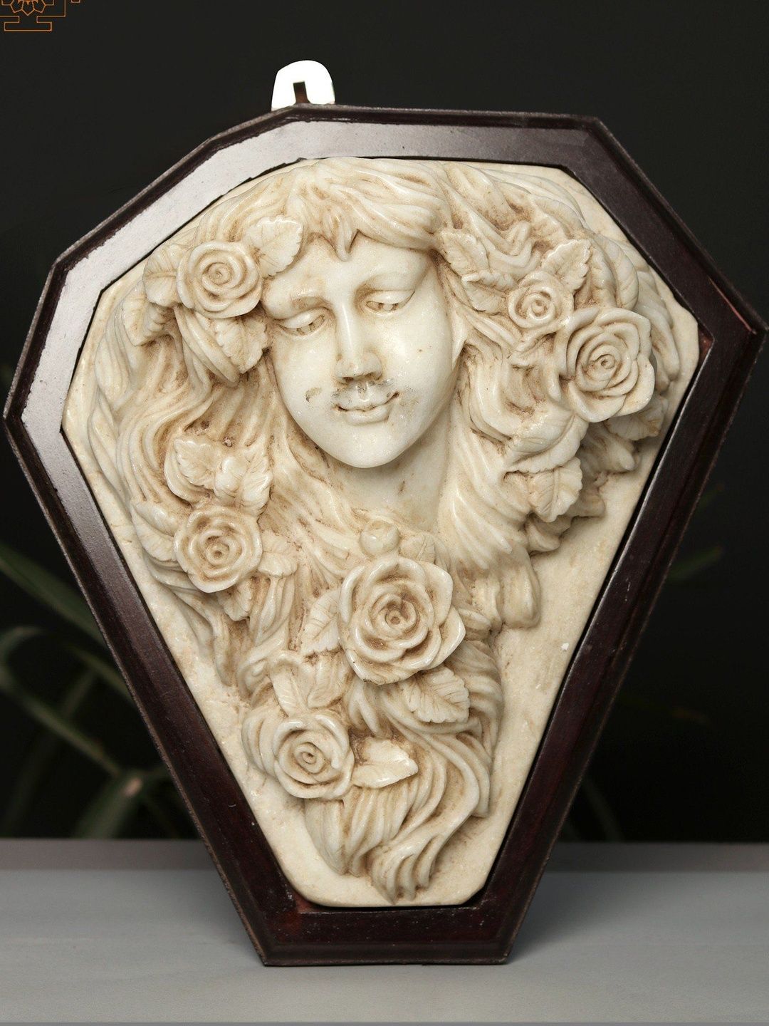 Exotic India White & Brown Textured Marble & Wooden Saint Rosalia Wall Hangings-picture-57