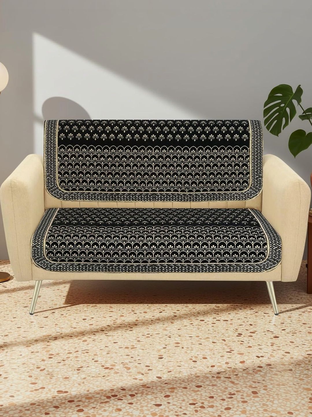 Furnishing Hut Black & Black Printed Chenille 2 Piece Sofa Cover-image-37
