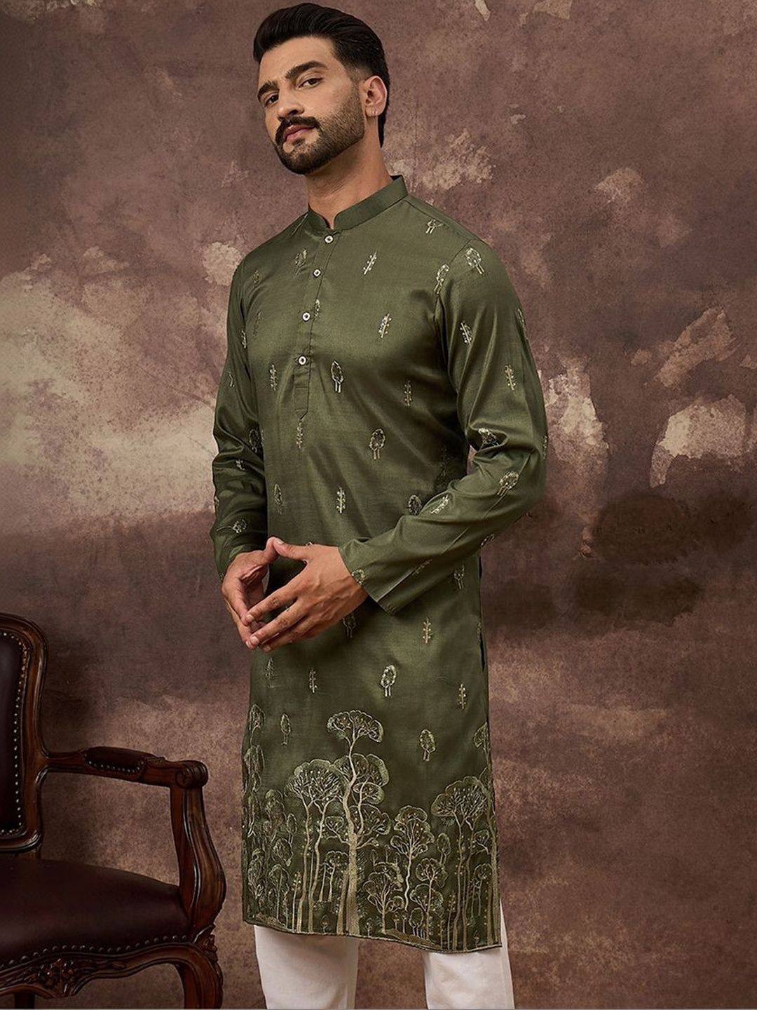 Ethnic Bay Men Ethnic Motifs Embroidered Regular Thread Work Kurta with Trousers-picture-58