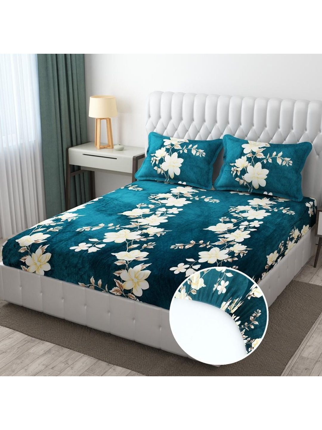 LUZDECOR Teal Floral King Bedsheet with 2 Pillow Covers-picture-19