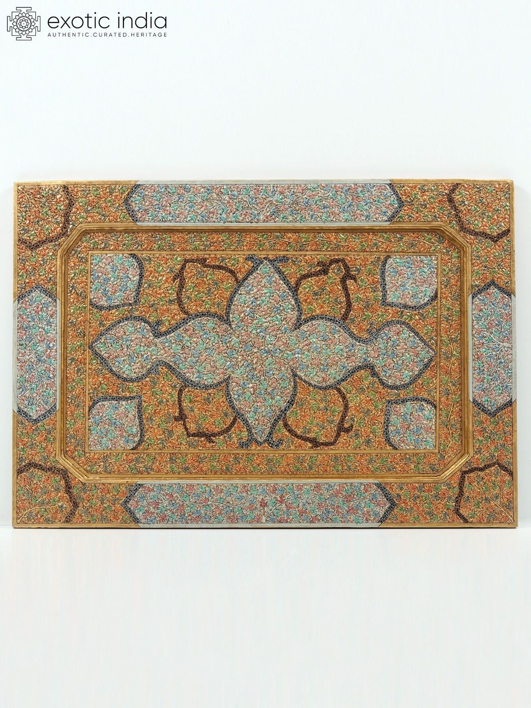 Exotic India Blue & Green Textured Embossed Wooden Kashmir Panel Wall Hangings-picture-14