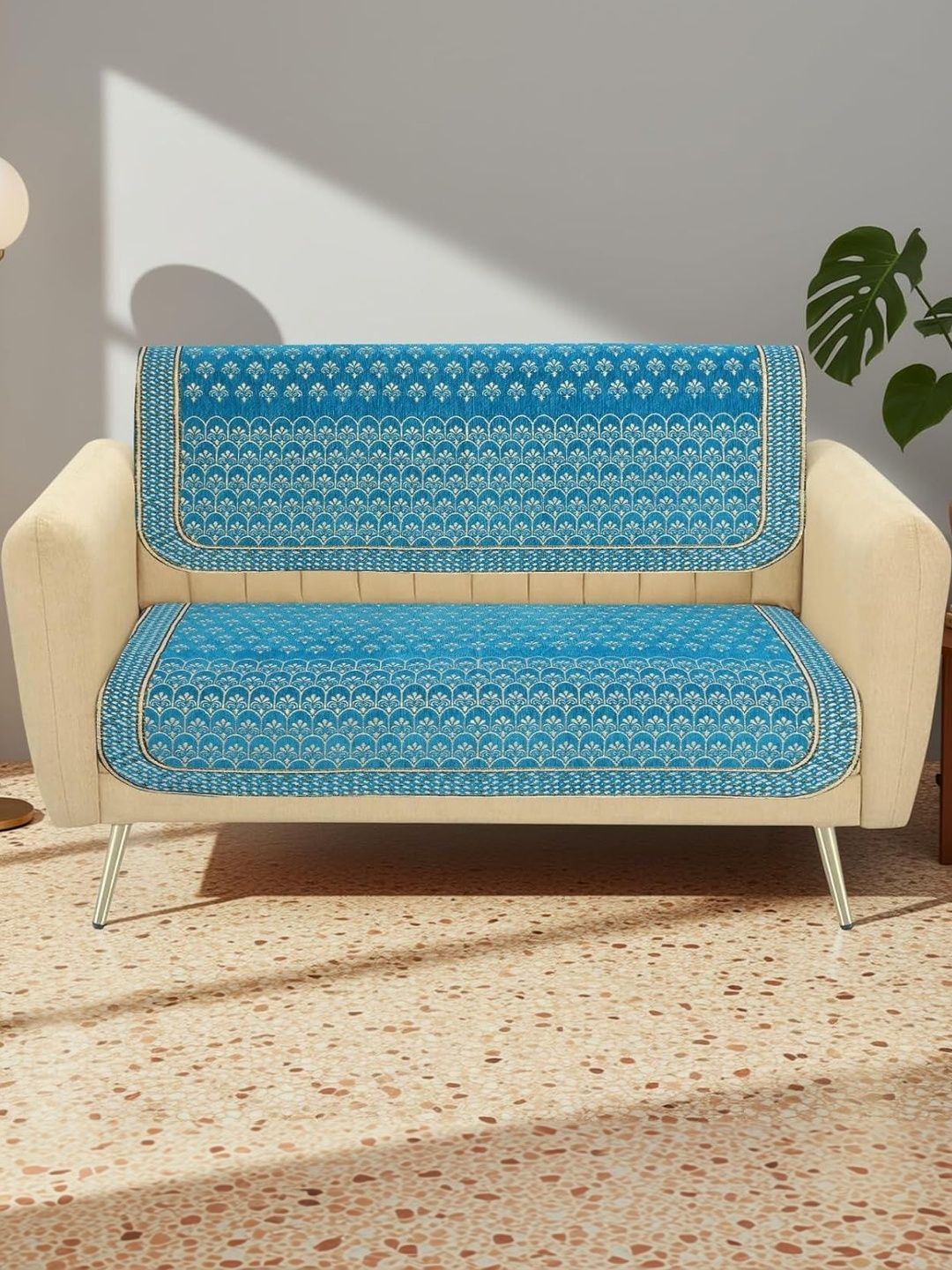 Furnishing Hut Turquoise Blue & Blue Printed Chenille 2 Piece Sofa Cover-image-25