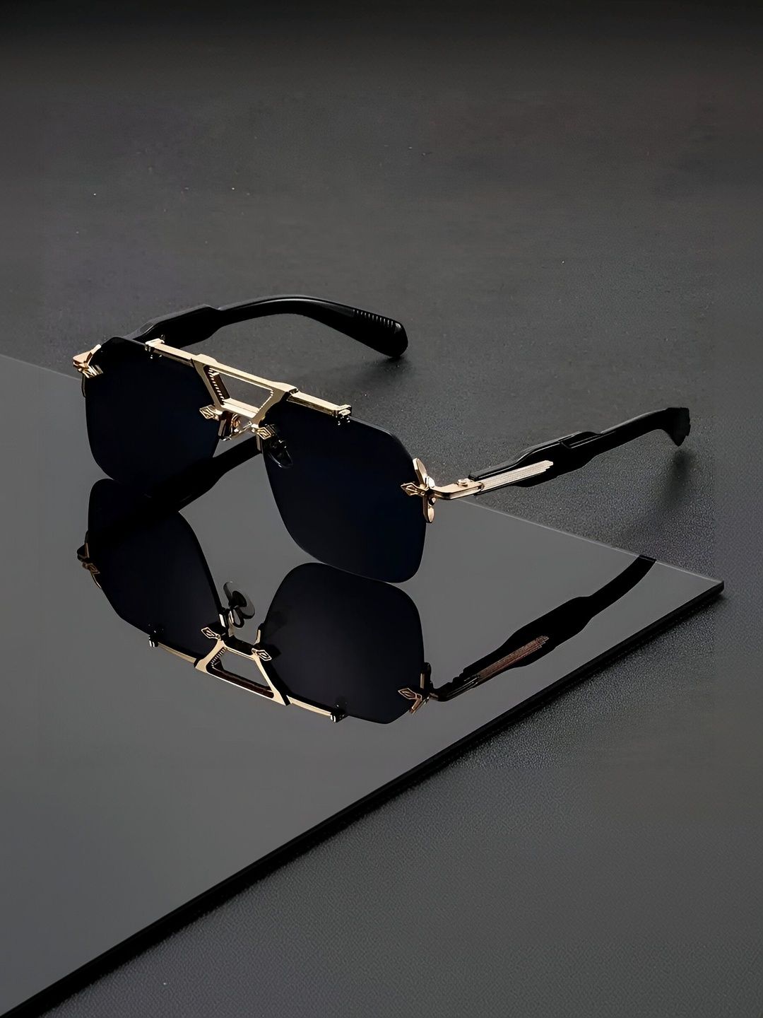 FUNGLASSES Unisex Black Lens & Gold-Toned Rimless Butterfly Sunglasses LOVE 2815 GOLD BLK-picture-32