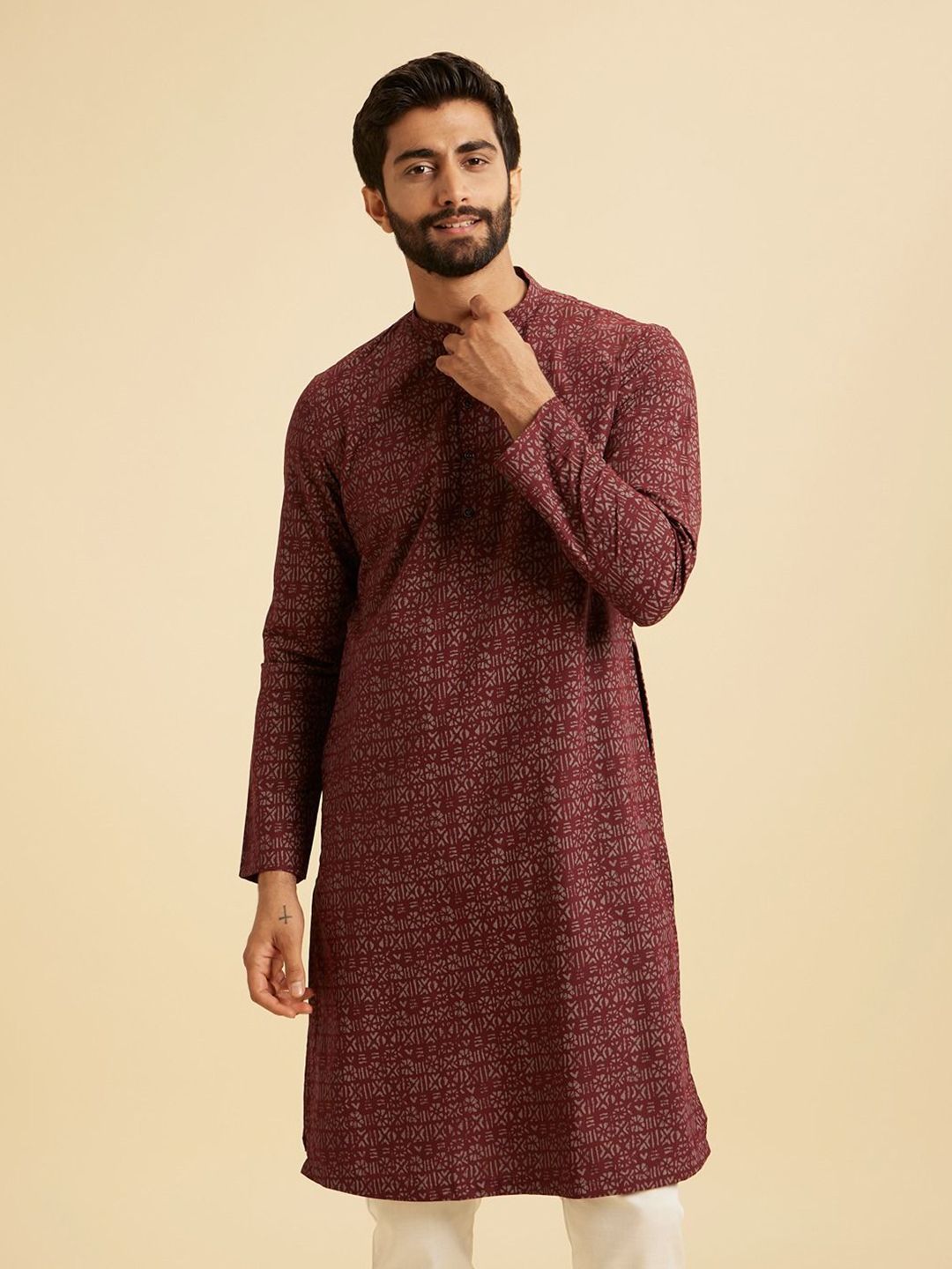 Manyavar Men Geometric Printed Festive Cotton Straight Kurta-picture-18