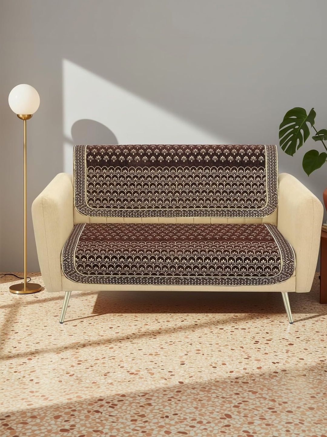 Furnishing Hut Brown & Coffee Brown Printed Chenille 2 Piece Sofa Cover-image-31