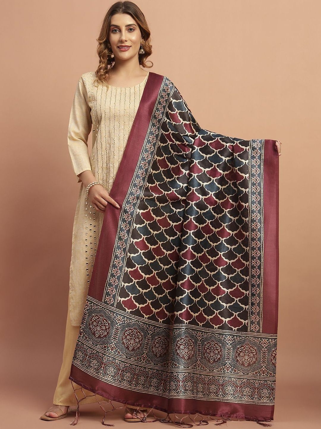 AKSHADEEP Women Ajrakh Shel Printed Chanderi Dupatta-picture-19