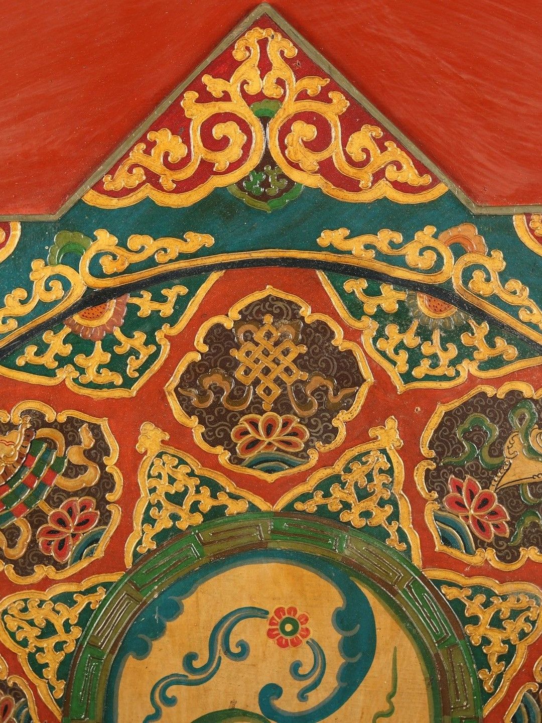 Exotic India Red & Yellow Textured Wooden Vintage Tibetan Buddhist Mandala Wall Hangings-image-28