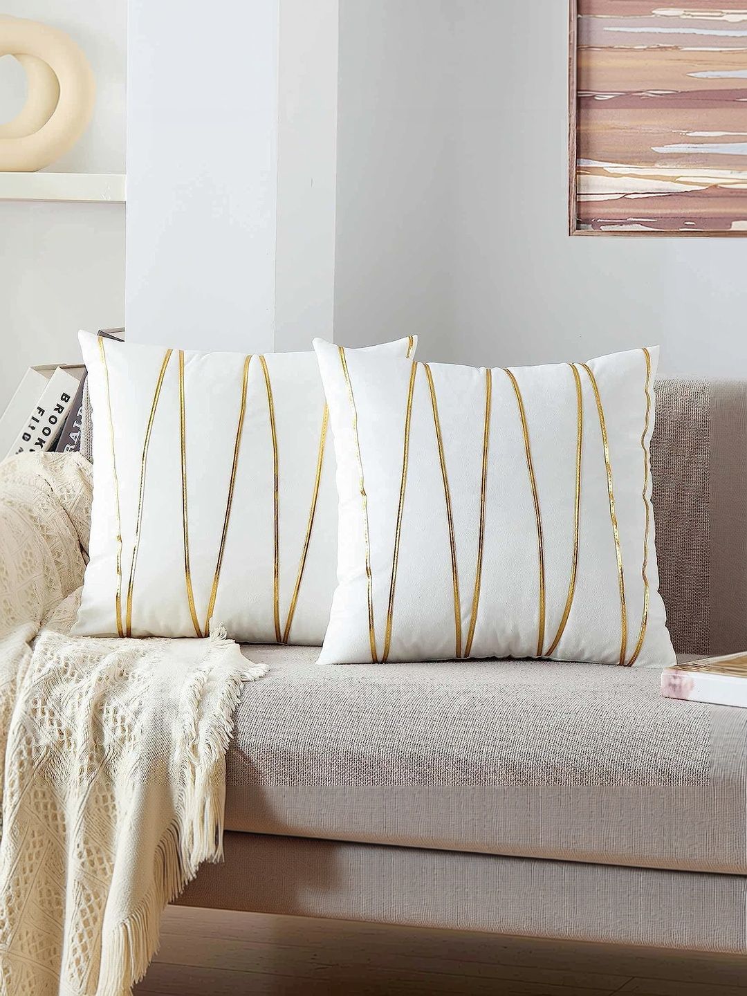 Vinayaka Fab White & Gold-Toned Set of 2 Striped Velvet Square Cushion Covers-picture-18