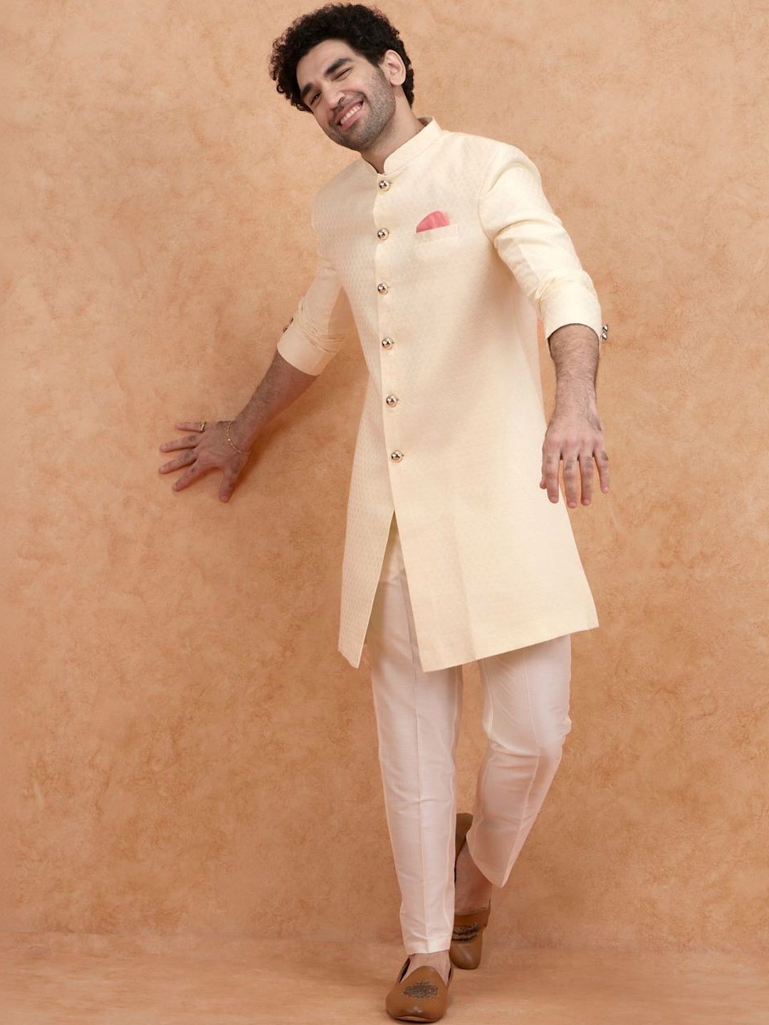 KISAH Men Cream Textured Indowestern Sherwani & Trouser Set
