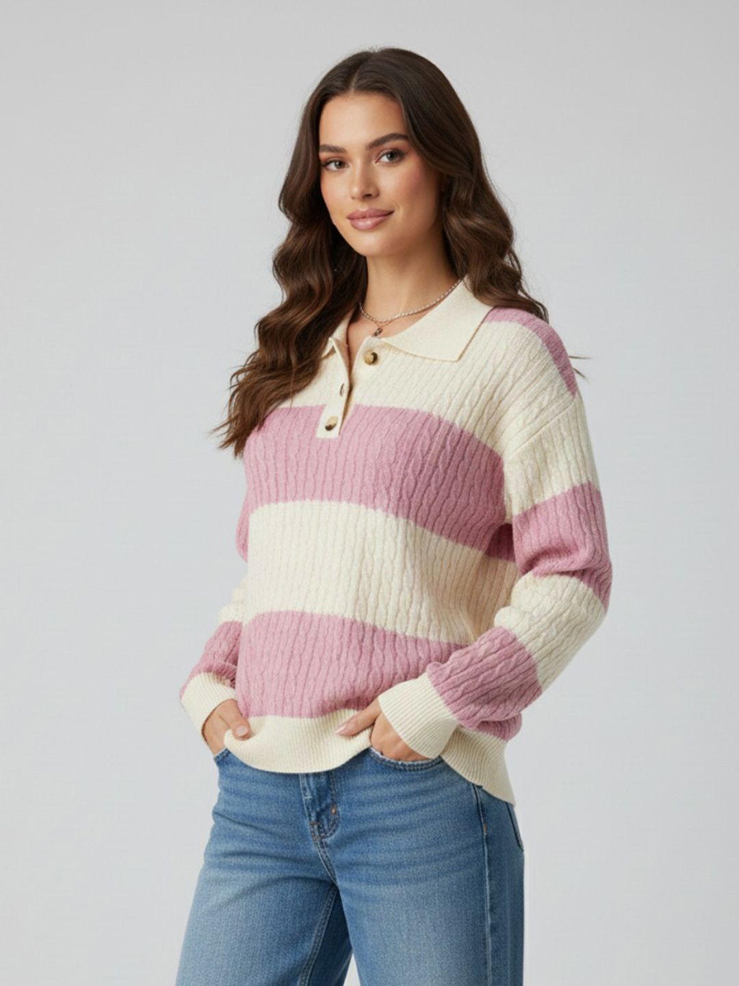glitchez Women Cable Knit Striped Oversized Pullover-picture-35
