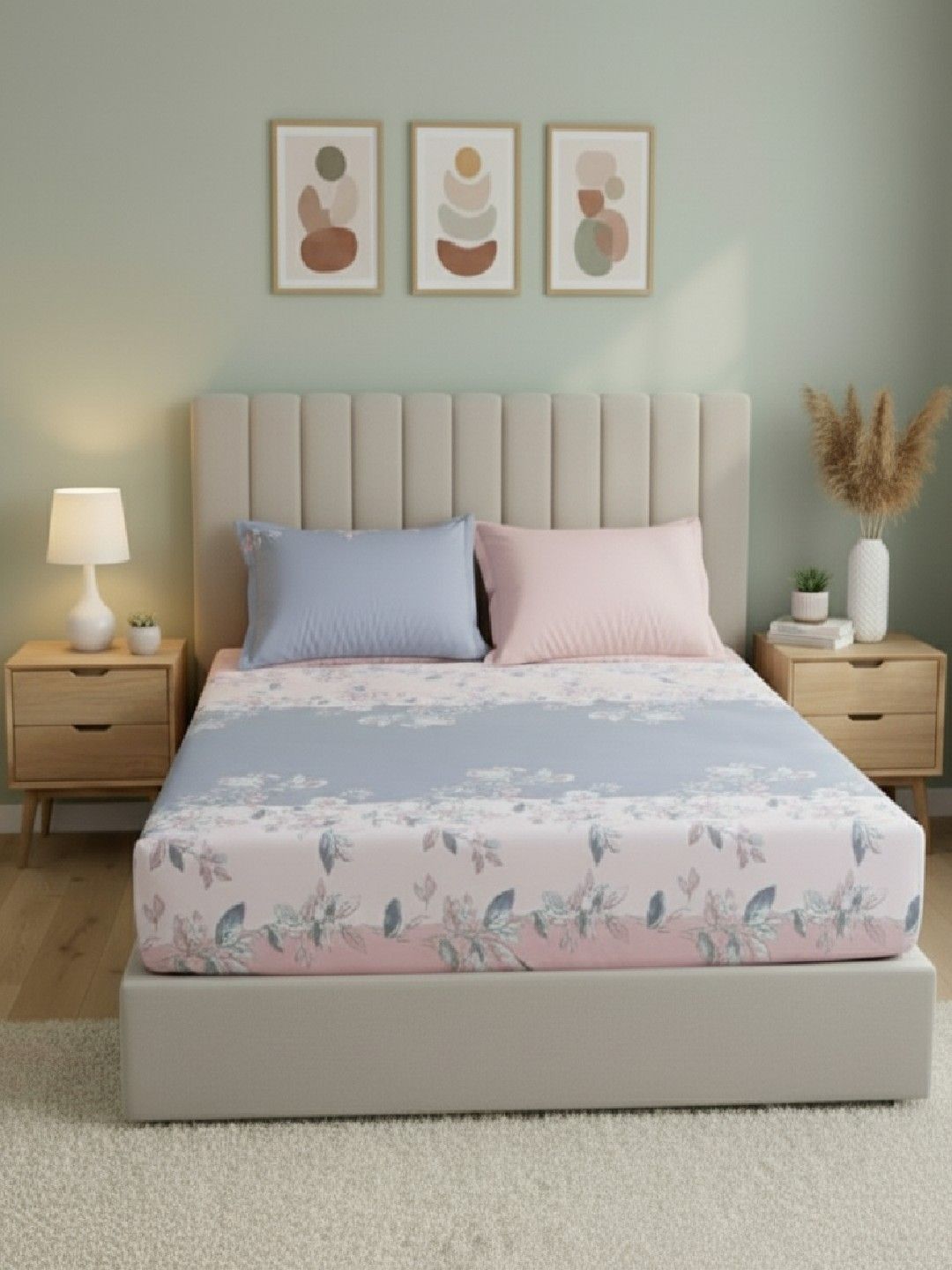 Raymond Home Multicoloured & Blue Floral 110 TC King Bedsheet with 2 Pillow Covers