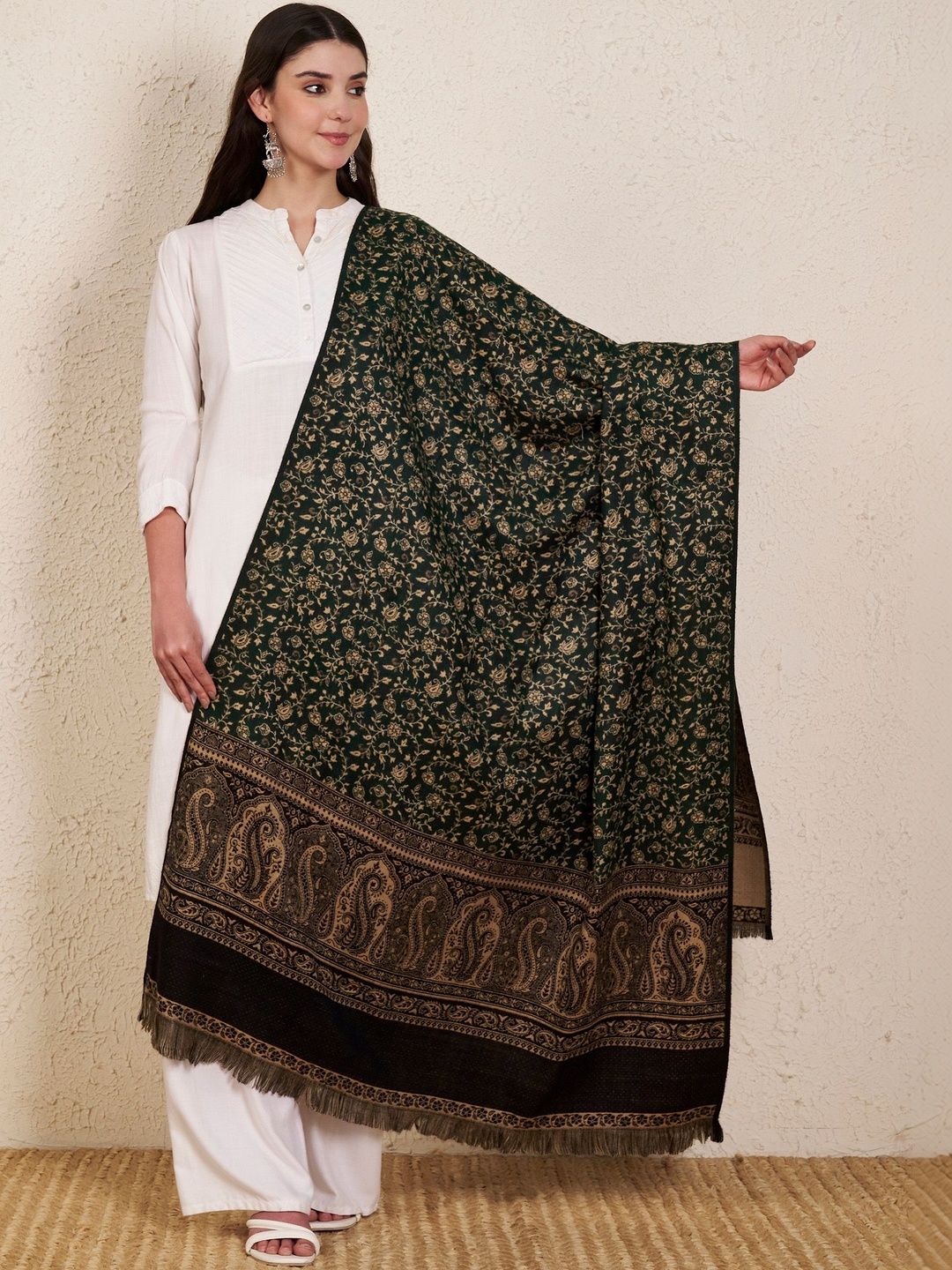 Zamour Women Floral Kani Woven Design Kashmiri Shawl With Fringed Border-picture-19