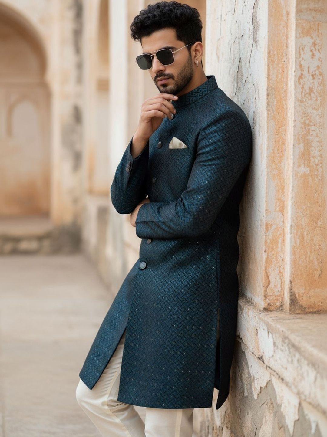 KISAH Men Blue Textured Indowestern Sherwani Trouser Set-image-24