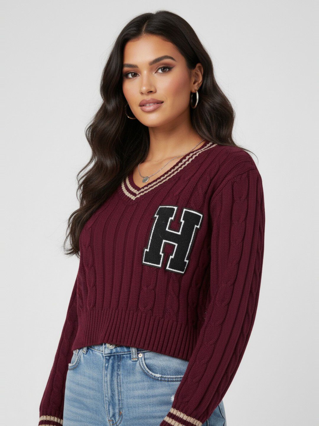 glitchez Ribbed Cable Knit V-Neck Crop Oversized Pullover with Applique Detail-picture-21