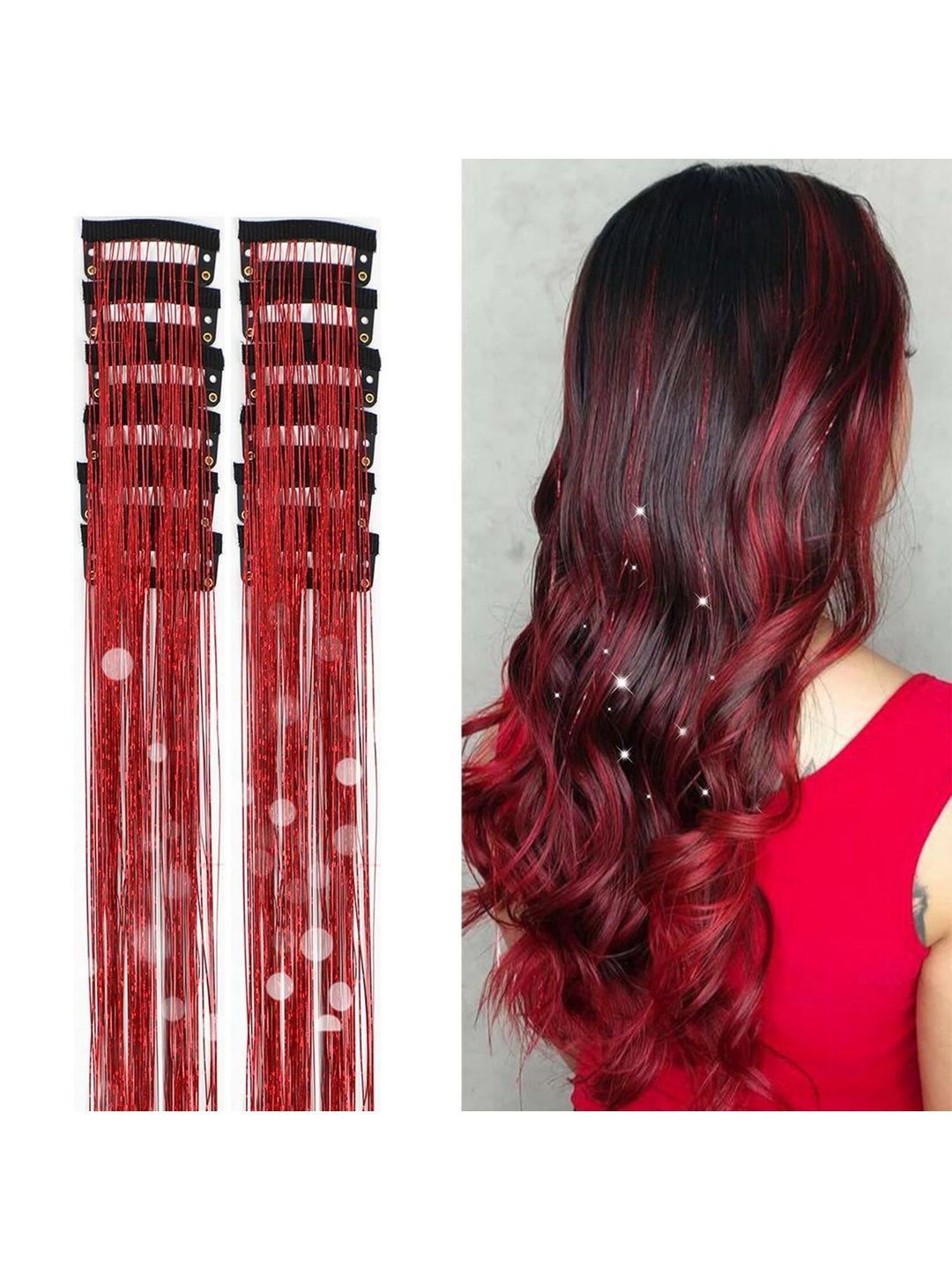 VIEWS Set Of 2 Clip-In Glitter Tinsel Hair Extension - Red - 19.6 Inch Each-image-36