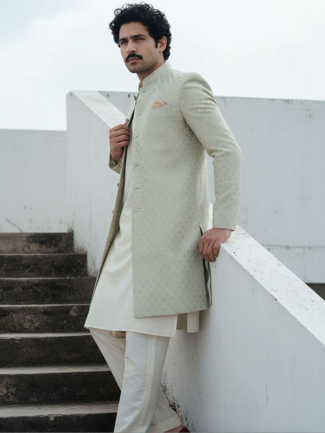 KISAH Men Green Jacquard Kurta Indowestern Sherwani Trouser Set-picture-14