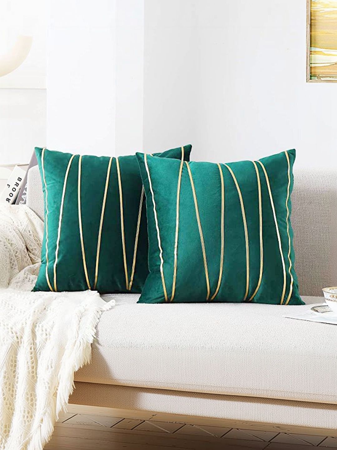 Vinayaka Fab Green & Gold-Toned Set of 2 Striped Velvet Square Cushion Covers-image-25