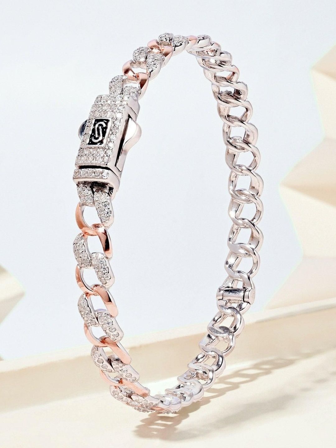 TOUCH925 Women Sterling Silver Cubic Zirconia Rose Gold-Plated Kada Bracelet-image-38