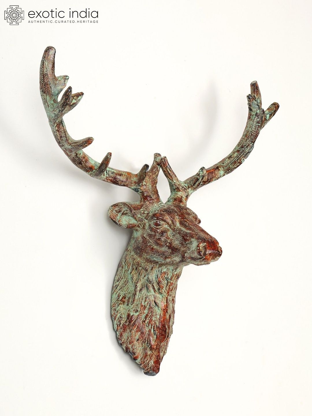 Exotic India Brown & Green Textured Deer Head Wall Hangings-image-47