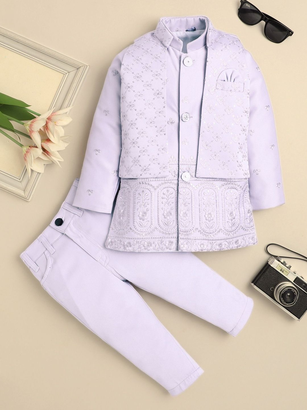 Sangria Embroidered Mandarin Collar Sherwani Set-image-32