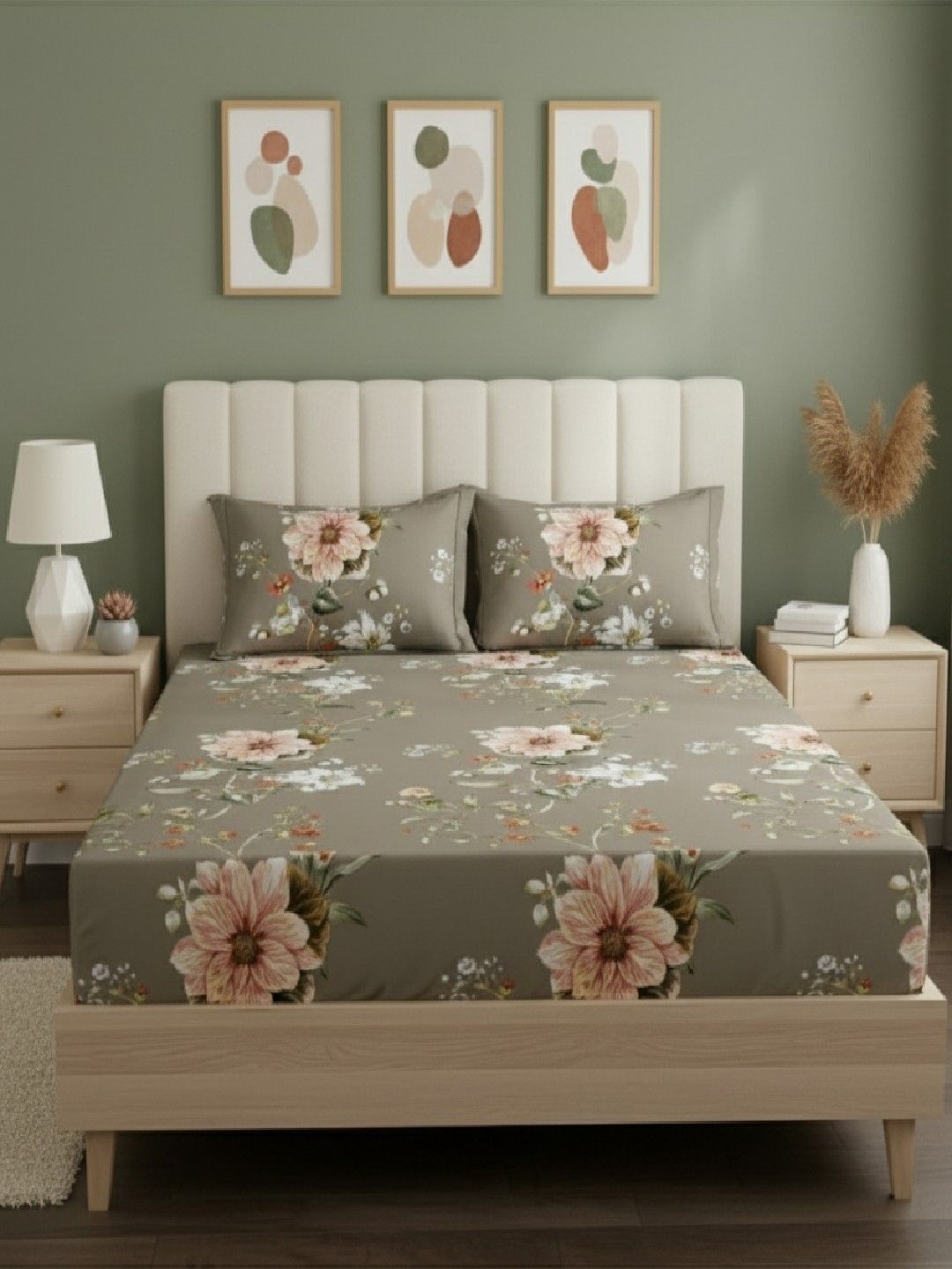 Raymond Home Grey Floral 110 TC King Bedsheet with 2 Pillow Covers