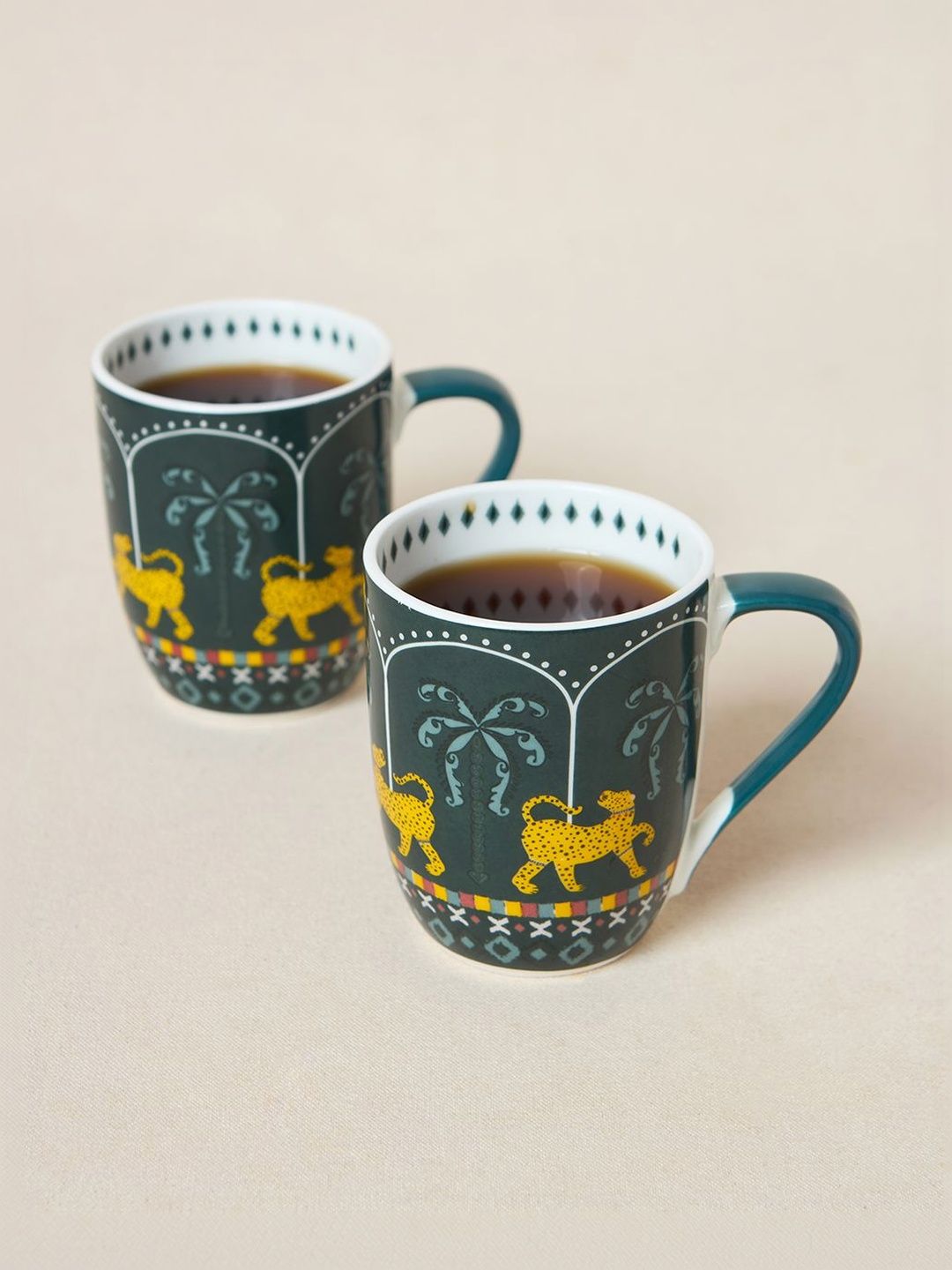Chumbak Jungle Soire Set of 2 Green Lost in Paradise Printed Ceramic Glossy Mugs