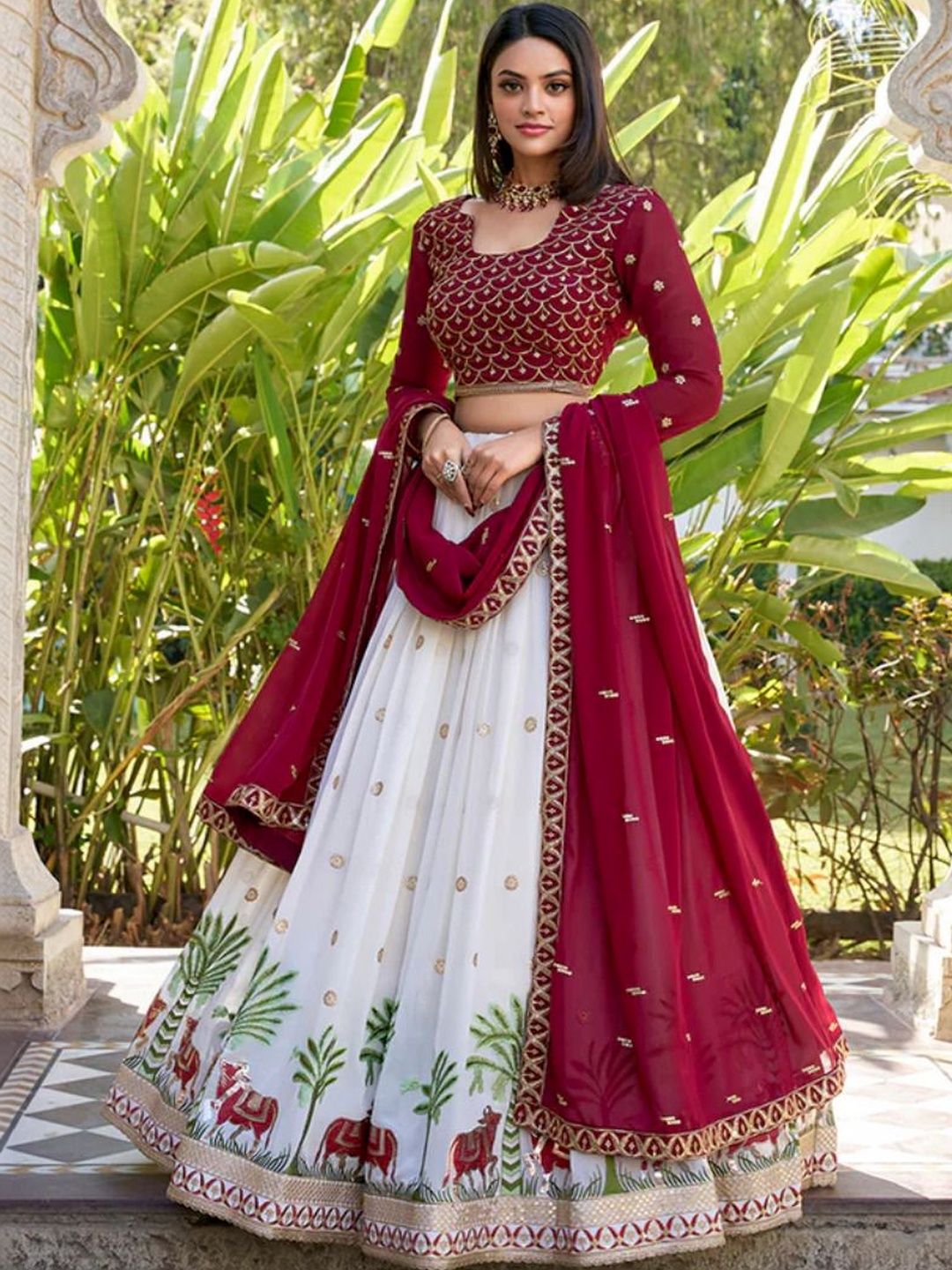 JIHU CULTURE Embroidered Semi-Stitched Lehenga & Unstitched Blouse With Dupatta
