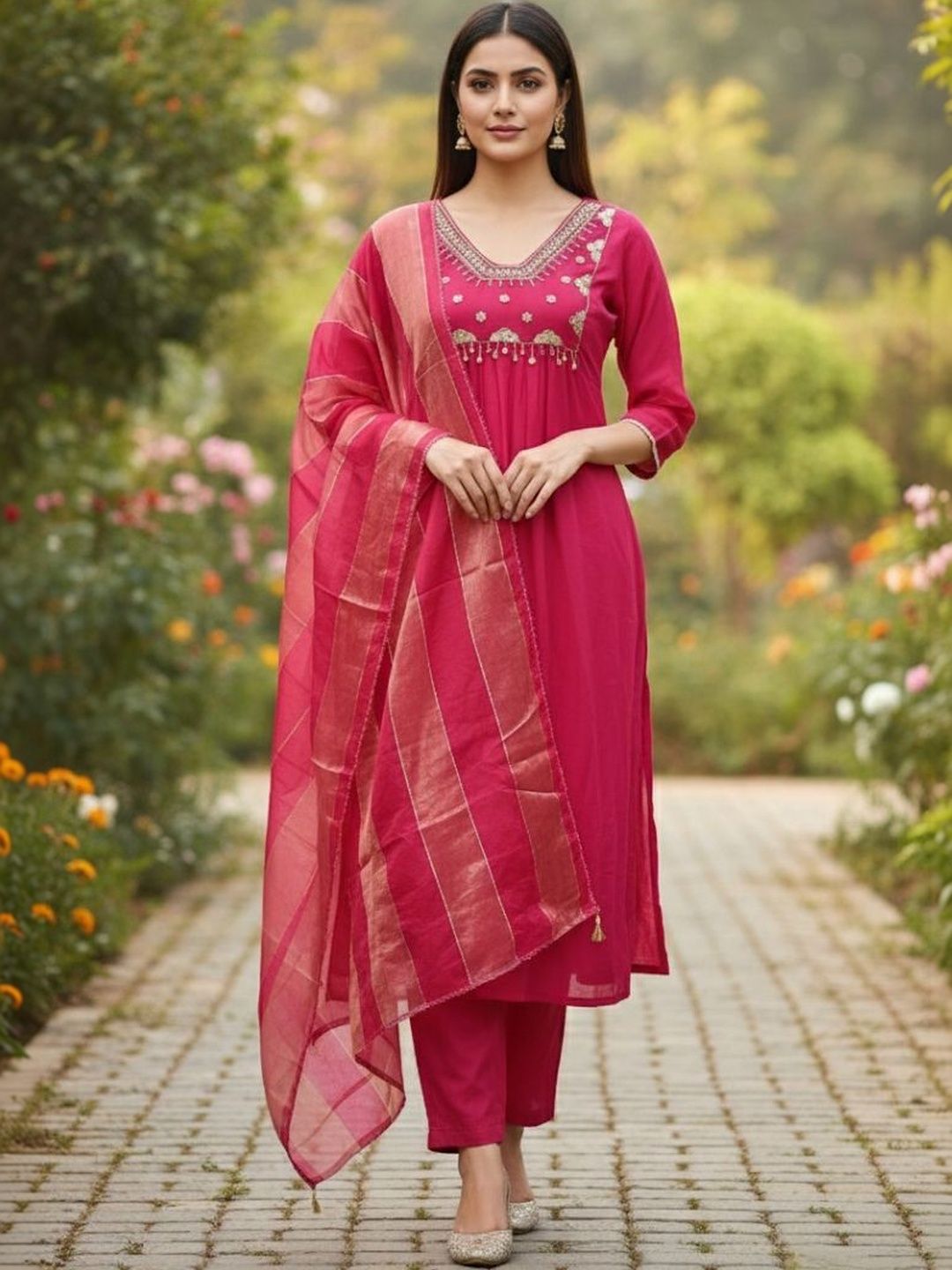 Santati Women Ethnic Motifs Embroidered Regular Thread Work Chanderi Silk Kurta with Trousers & With Dupatta-picture-36